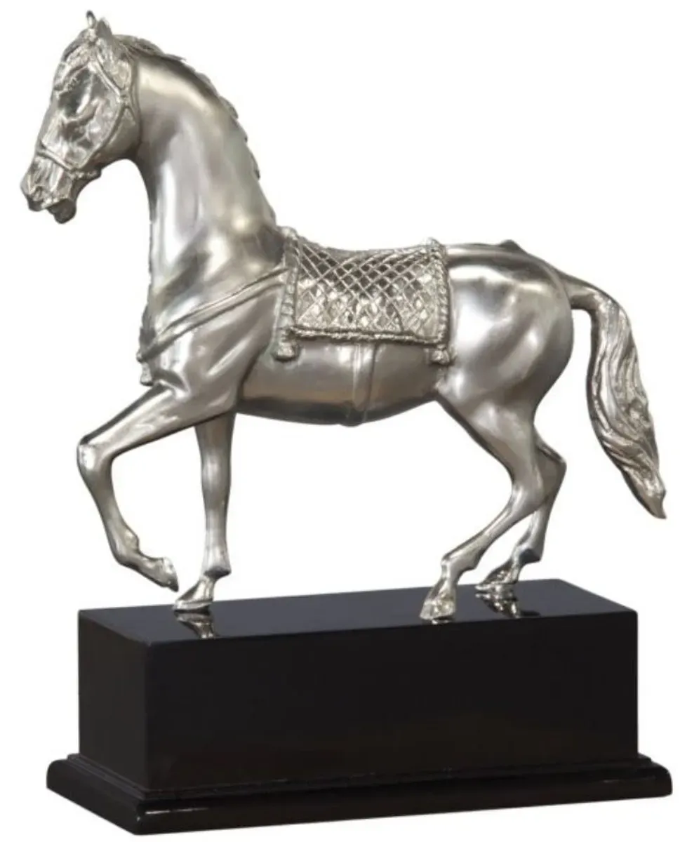 Casa Padrino Luxus Bronzefigur Pferd mit Holzsockel Silber / Antik Schwarz 31,5 x 12,5 x H. 37,3 cm - Versilberte Deko Figur