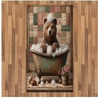 Teppich Flachgewebe Deko-Teppiche für das Wohn-,Schlaf-, und Essenszimmer, Abakuhaus, rechteckig, Rustikal Lustiger Grizzlybär verwitterte Badewanne braun|grün|rosa 80 cm x 150 cm