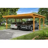 SKANHOLZ Emsland Flachdach Carport 6,13 x 6,04 m lasiert in Eiche hell mit Regenrinne und Pfostenanker