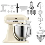 KitchenAid 4,8 L 5KSM185 Artisan Küchenmaschine Profiset Fleischwolf+Spritzgebäck+Gemüseschneider+Pürie, Farbe:Crème