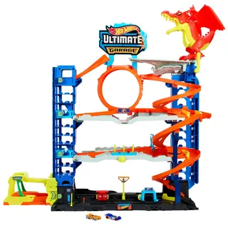 Hot Wheels Let's Race Netflix - Ultimative Garage - Mehrere Ebenen Parkgarage, 3ft hoch, mit 2 Die-Cast-Autos, ab 5 Jahren, Rennspaß, Stunt-Abenteuer, Drachenkampf, Autowaschanlage, Fahrstuhl, HKX48