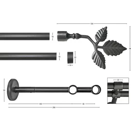 GARESA Gardinenstange GARESA "SHEET", grau (graphit), L:150cm Ø:16mm, Metall, Gardinenstangen, Vorhanggarnitur, verlängerbar, Knopf mit Blätter, ohne Ringe