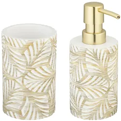 Badaccessoire-Set WENKO "Modell Terralba", weiß, strukturiert, Polyresin (Kunststein), Kunststoff, Badaccessoires-Sets, Seifenspender und Zahnbürstenhalter aus Polyresin, Blätter-Struktur