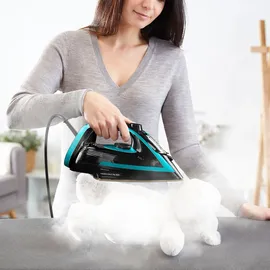 Tefal Puregliss Dampfbügeleisen 3000 Watt, 280 g/Min. Dampfstoß, XL Wassereinfüllöffnung, stabile Ablage, Micro-Calc-Filter, Tropfstopp, Auto-Abschaltung, schwarz/türkis, FV8066