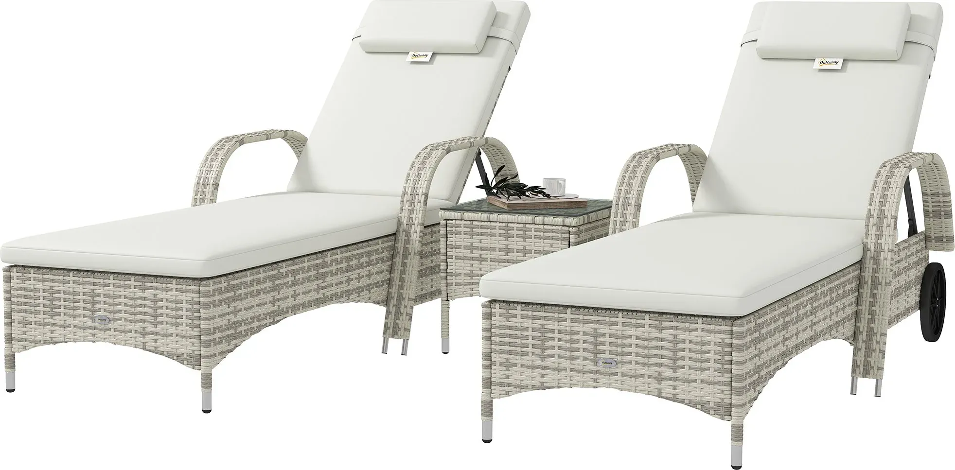 Outsunny Set mit 2 Sonnenliegen: Matratze, Kopfstütze, mehrfach verstellbare Rückenlehne, Armlehnen, Rollen + Couchtisch mit gehärteter Glasplatte in Crème   Aosom