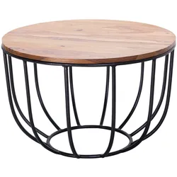 KADIMA DESIGN Industrial Couchtisch aus Sheesham Massivholz, Rustikaler Stil, Metallgestell, Korbdesign.