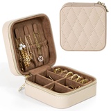 KAMIER Kleine Schmuckkästchen für Damen, Tragbarer Reise Schmuckbox, PU Leder Mini Schmuckaufbewahrung für Ohrringe, Ringe, Halsketten, Beige