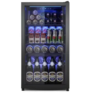 Furnicopia Getränkekühlschrank 90L,Doppelglas, LED,leiser Betrieb, Digitale LED-Touchscreen-Bedienung,höhenverstellbare Füße und Ablagen. schwarz