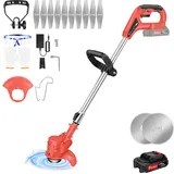 Rasentrimmer mit Akkus, Rot Rasenkantenschneider, Elektrischer Rasentrimmer, Akku Freischneider & Garten-Rasen-Unkraut-Trimmer Elektro-Trimmer Gartenkantenfräser mit Drehkopf, Teleslopstiel für Garten