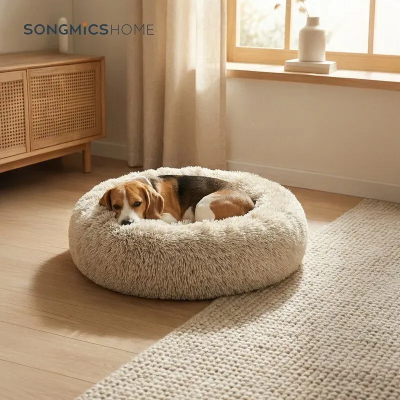 Hundebett, Katzenbett, Donut-Kissen, waschbar, abnehmbare Zentraleinlage, langes Plüschmaterial, Durchmesser 80 cm, Ombre-Khaki