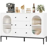 Homfa Sideboard Küchenschrank, mit 3 Schubladen 2 Glastüren, Buffetschrank, 120x38x80cm weiß