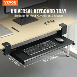Vevor Klemmbare Tastaturablage unter dem Schreibtisch, Tastaturauszug zum Herausziehen mit Stabiler C-Klemmhalterung, Große 680 x 280 mm Ausziehbare Computer-Schublade zum Tippen zu Hause