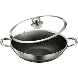 4BIG.fun Wok Bratpfanne Edelstahl 36 cm Antihaft Wokpfanne Glasdeckel Asia Schmortopf Induktion