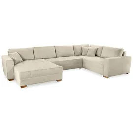 luma-home schönes für dein zuhause Wohnlandschaft U-Form 379/227/86 cm breit, Sofa Schlaffunktion Bettkasten, Wellenfedern, spiegelverkehrt montierbar, Cord Beige Grau / 15200