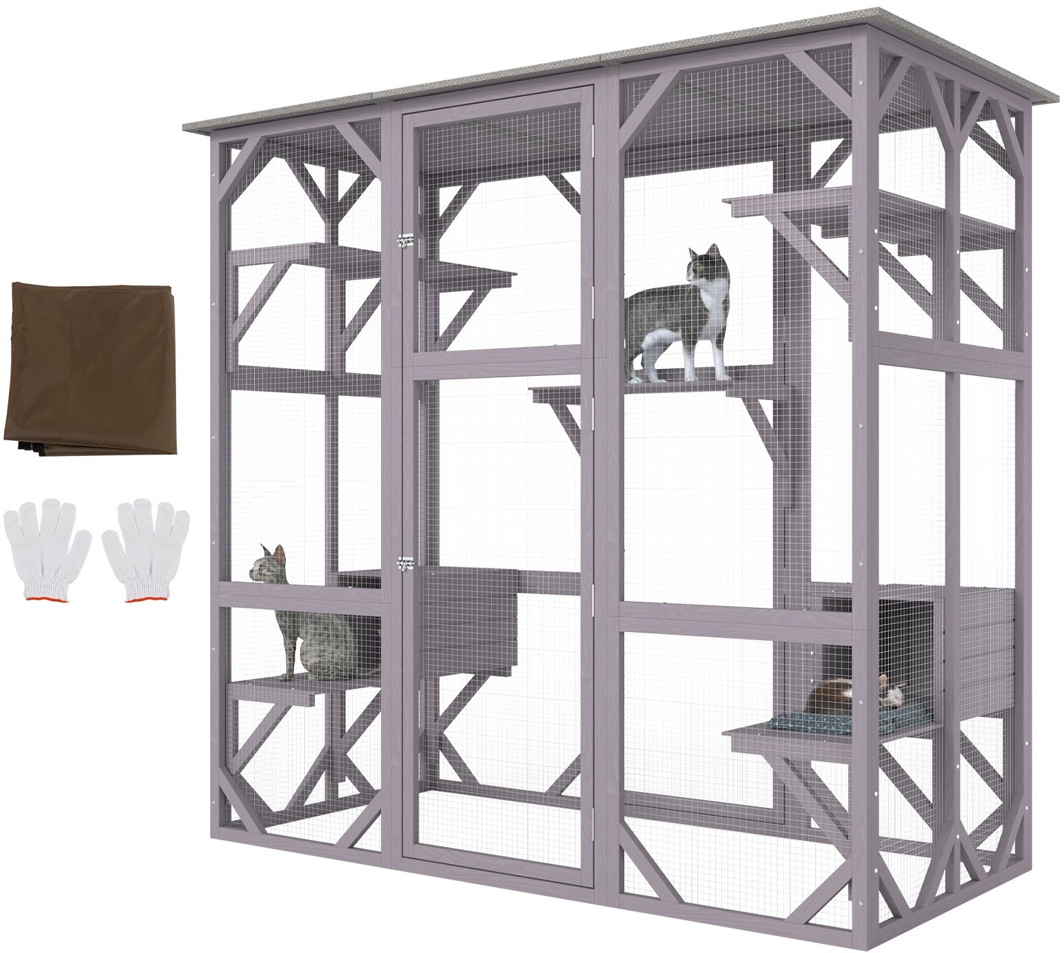 VEVOR Katzenkäfig Condo Catio Katzengehege aus Holz mit 5 Plattformen, 7-stöckiger Haustier-Laufstall mit 2 Ruheboxen, Katzenkiste Katzenhütte mit wasserdichtem Dach, 180 cm L x 88 cm B x 168 cm H