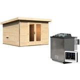 Woodfeeling Karibu Saunahaus Mainburg 1 mit Vorraum - 38 mm naturbelassen Set B (Sauna B 2,25 x T 1,9 m mit 3 Liegen 57/52 cm) 9 kW Bio-Kombiofen inkl. Steuergerät, inkl. 8-teiligem gratis Zubehörpaket (Gesamtwert 191,92€)