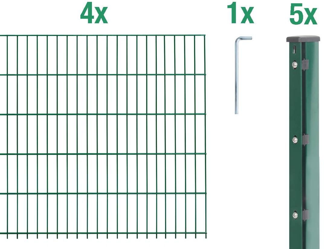 Alberts Komplettset Doppelstabmattenzaun mit Überstand, 2,5 m Matten, Grün, 6|5|6, Flacheisen