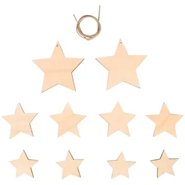 Rayher Holzdekoration Sterne, 10 Stück, Weihnachtsdekoration, Holz FSC zertifiziert, natur, 3,5 - 7,5cm ø + Kordel 0,5 m, 46623505