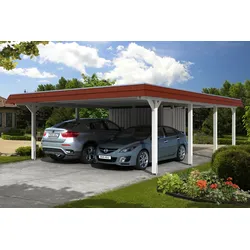 Skan Holz Walmdach Carport Breite 630cm inkl. Abstellraum weiß Holzcarport