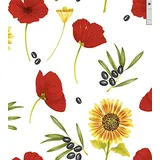 ecosoul Wachstuchtischdecke Basique White 1,4m Br. Outdoor Indoor weiß bunt Mohn Sonnenblume Oliven Wachstuch Meterware 1.4 m2