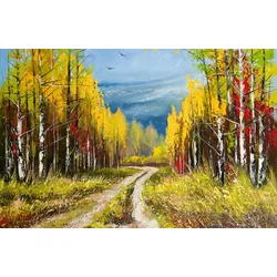 Fototapete PAPERMOON "WALD-WEG-MALEREI HERBST LANDSCHAFT GEBIRGE BLUMEN NATUR", bunt, B:4,00m L:2,60m, Vlies, Tapeten