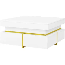Merax Couchtisch, Hochglanz-Wohnzimmertisch, Beistelltisch mit Schubladen und goldenen Akzenten, weiß