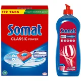 SOMAT Tabs 172 AW Classic Power, Geschirrspül Tabs mit Fettlösekraft für kraftvolle Reinigung, Spültabs für strahlend sauberes Geschirr + Somat Duo Power Experten Klarspüler 750ml