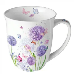 Ambiente Tasse 10cm Porzellan mit Pusteblumen Motiv - 0,4L Keramiktasse Porzellangeschirr Kaffeetasse Teetasse Kakaotasse Frühlingsgeschirr Floral Weiß Lila
