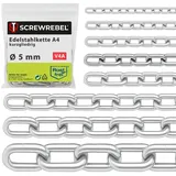 SCREW REBEL 5,0 mm starke Edelstahlkette A4 rostfrei, Absperrkette 5 m lang, kalibriert, Zaunkette kurzgliedrig DIN 766, Hängekette, Kette zum Aufhängen V4A mit 5 Meter Länge