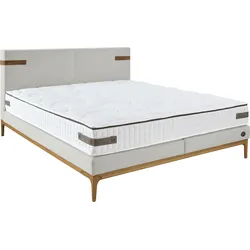 Boxspringbett BIRKENSTOCK "Iona", weiß (papyrusweiß cww 31), B:181,5cm L:218cm, Loden CWW (70% Wolle, 25% Polyamid, 5% andere Fasern), Scheuertouren 40000, Komplettbetten, Boxspringbett, mit Lederlaschen am Kopfteil, mit Holzsockel in Eiche natur