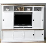 Casa Padrino Landhausstil Fernsehschrank mit 6 Schiebetüren Weiß / Braun 254 x 46 x H. 210 cm - Massivholz TV Schrank - Wohnzimmerschrank - Landhausstil Wohnzimmermöbel