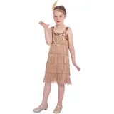 Rabtero Kinder Roaring the 20er Jahre Fancy Kleid Kostüm, Mädchen Flapper Kleid mit Perlenkette und Feder Stirnband, Gangster Flapper Kleid für Mädchen, golden, Mittel 6-8