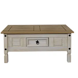 möbelliebling Couchtisch 100 x 60 cm mit Schublade Pinienholz weiß honigfarben lasiert MEXICO