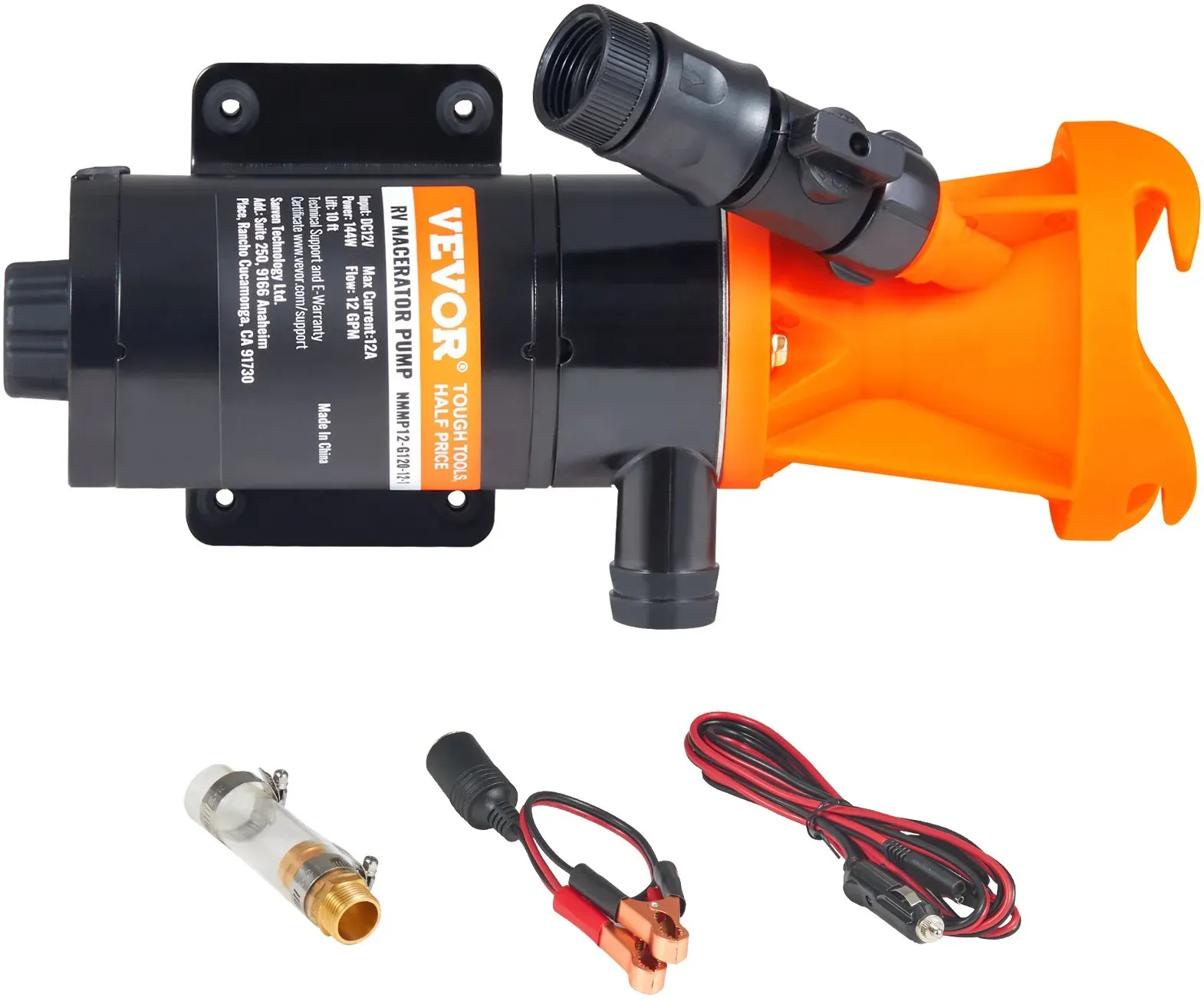 VEVOR Tragbare Schmutzwasserpumpe, 12 V, 45 L/min Abwasserpumpe, Zerkleinererpumpe mit abnehmbarem Schnellanschlussventil, Metallschlauchklemme, Netzkabel, für RV, Boot, Marine, Wohnmobil