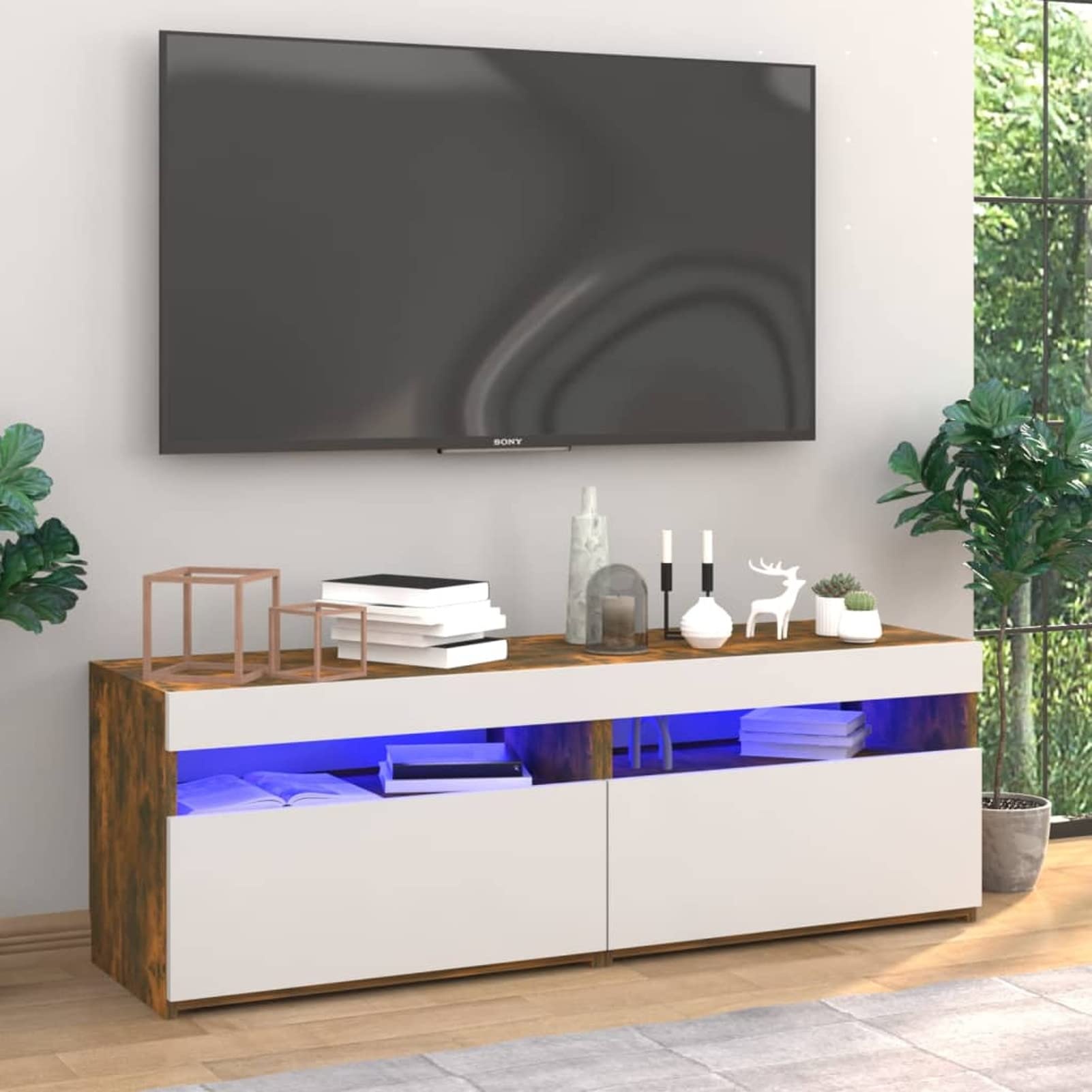 SECOLI TV Schrank LED 120 cm TV-Bank TV Lowboard mit LED-Beleuchtung Fernsehtisch Räuchereiche TV Board LED TV Schrank Fernsehschrank 120 x 35 x 40 cm