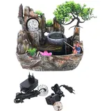 Zimmerbrunnen mit LED Beleuchtung, Grüne Pflanze Brunnen Springbrunnen Gartenbrunnen Deko Tischbrunnen Wasserfall mit Nebel, 30 x18 x 26 cm