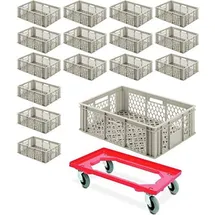 BRB-Lagertechnik BRB 16 Eurobehälter durchbrochen, 600x400x200 mm, kieselgrau PLUS GRATIS Transportroller mit Flüsterrollen