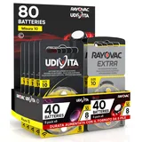 80 Hörgerätebatterien Größe 10 (PR70 - Gelb) Zink-Luft mit Phono-Pulse-Technologie - 80 Batterien: 40 Udivita + 40 Rayovac