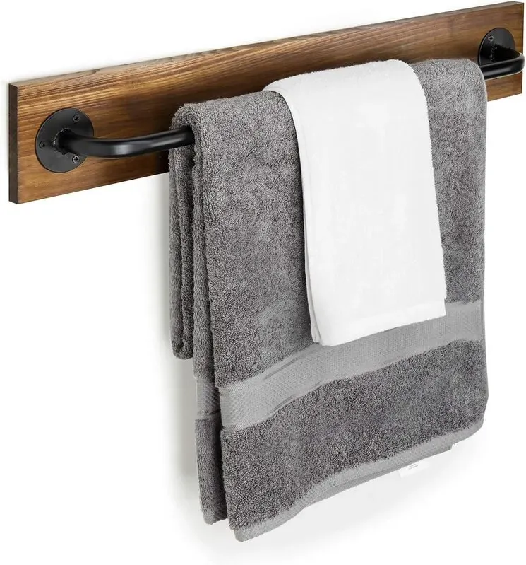 MyGift Wandmontierter Handtuchhalter, 71 cm Badezimmer-Handtuchstange mit Metallstange Rustikales Verbranntes Holz Badezimmer-Set, Bauernhaus-Handtuchhalter