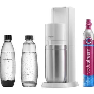 Sodastream Duo weiß + Glaskaraffe + PET-Flasche + Zylinder