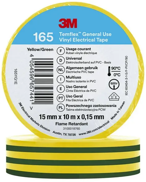 3M Temflex 165 Vinyl Elektro-Isolierband, 15mm breit, 10m lang, grün-gelb, 10 Stück