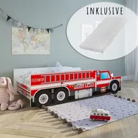 Kids Collective Autobett Kinderbett Jugendbett 70x140 | Feuerwehr Feuerwehrauto Feuerwehrmann Kinder Spielbett, mit Matratze - Rot