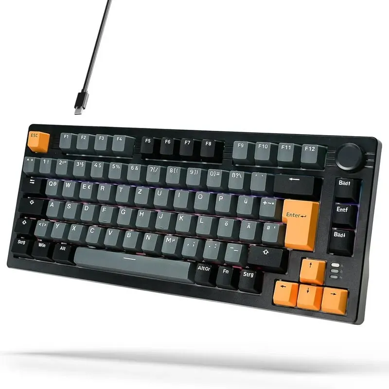 Arzopa 75%-Layout, mechanische Tastatur, deutsche Tastenbelegung, 81 Tasten, Gasket-Mount Gaming-Tastatur, kabelgebunden, Regenbogen-Hintergrundbeleuchtung, kompakte Lautstärkeregelung für PC, Windows und Mac – K81