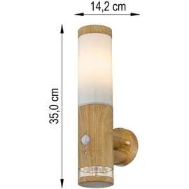 GLOBO Aussenleuchte Außenlampe Bewegungsmelder Edelstahl mit Bewegungsmelder Wandlampe Aussen Edelstahl, Holz Optik mit Deko Led, 1x E27, Bxh 8,5 x 35 cm