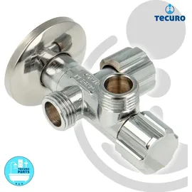 tecuro Doppeleckventil Eckventil 1/2 Zoll (DN 15), mit 2 x 1/2 Zoll Abgängen, einzeln absperrbar - Messing verchromt