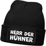 MoonWorks® Herren Beanie mit Patch Strickmütze mit it Spruch Herr der Hühner lustig Geschenk für Hühnerbauer Hühnerhaltung Geflügelhof Schwarz Unisize - Einheitsgröße