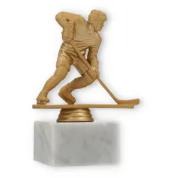 Pokal Kunststofffigur Eishockeyspieler goldmetallic auf weißem Marmorsockel 14,8cm