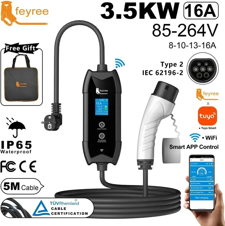 feyree tragbarer Typ 2 E‐Auto-Ladegerät, 5 m Kabel, mit WLAN-App-Steuerung, 16 A, 3,5 kW, Lade- und Verzögerungszeit einstellbar, für E‐Autos