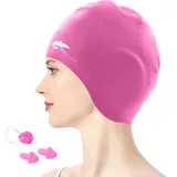 flintronic Silikon Badekappe Ohrenschutz, Erwachsene Unisex Schwimmkappe für Lange Haar, hypoallergene wasserdichte Badekappen mit Ohrstöpsel&Nasenklemme für Damen, Herren, Kinder - Rosa