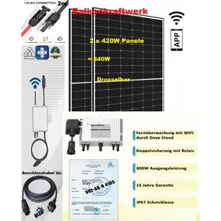 Balkonkraftwerk 840/800 W Solaranlage Steckerfertig WIFI Smart Full Black